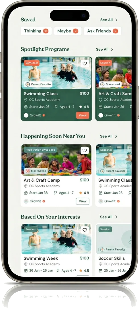 iPhone showing the Junebug app with a feed of kids activities