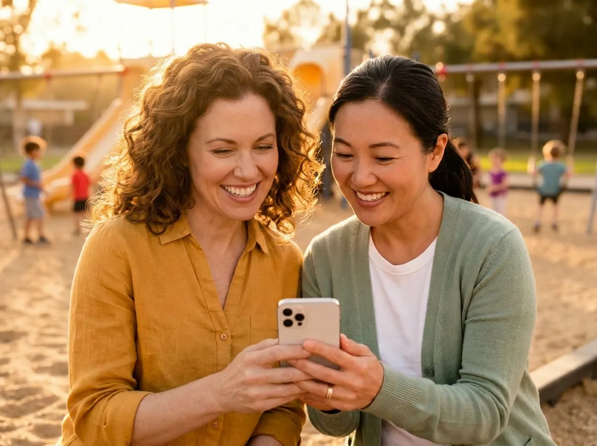 Two moms planning kids activities on a phone with kids playing on a playground in the background